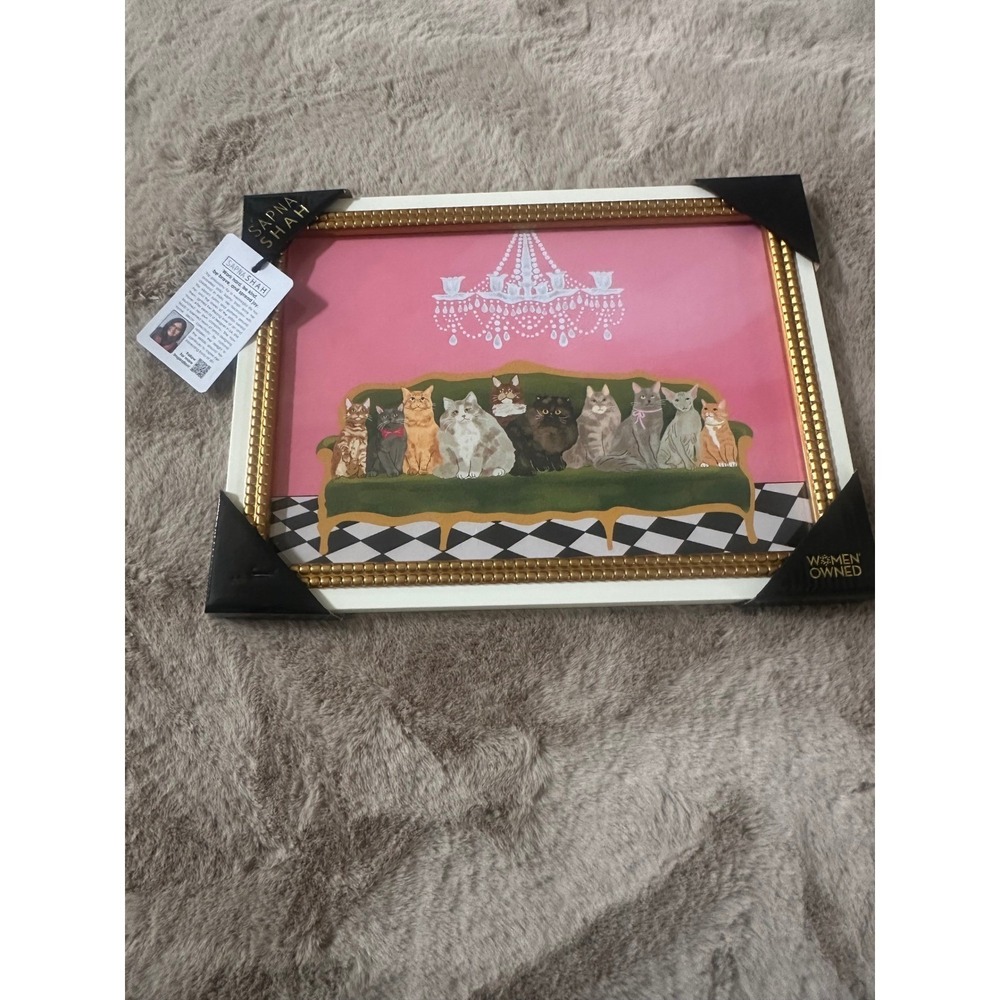 Sapna Shah Cats on Sofa Framed Wall Art Pink Gold White Whimsical Decor